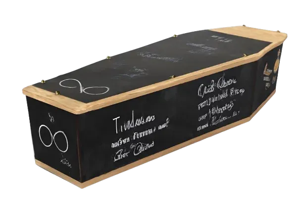 Cercueil personnalisable style ardoise recouvert d'inscriptions.