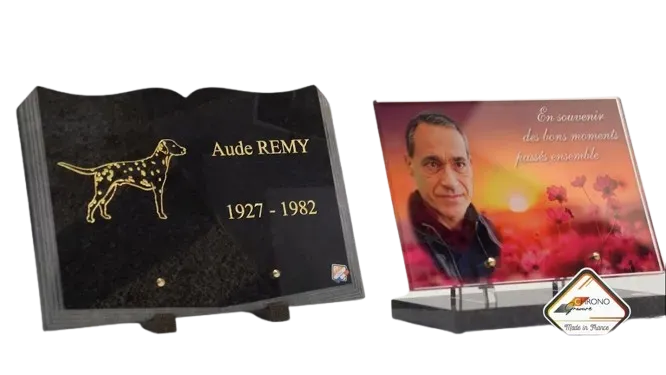 Plaques funéraires personnalisées en granit et en verre imprimé.