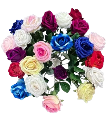 Composition de roses artificielles multicolores pour fleurissement.